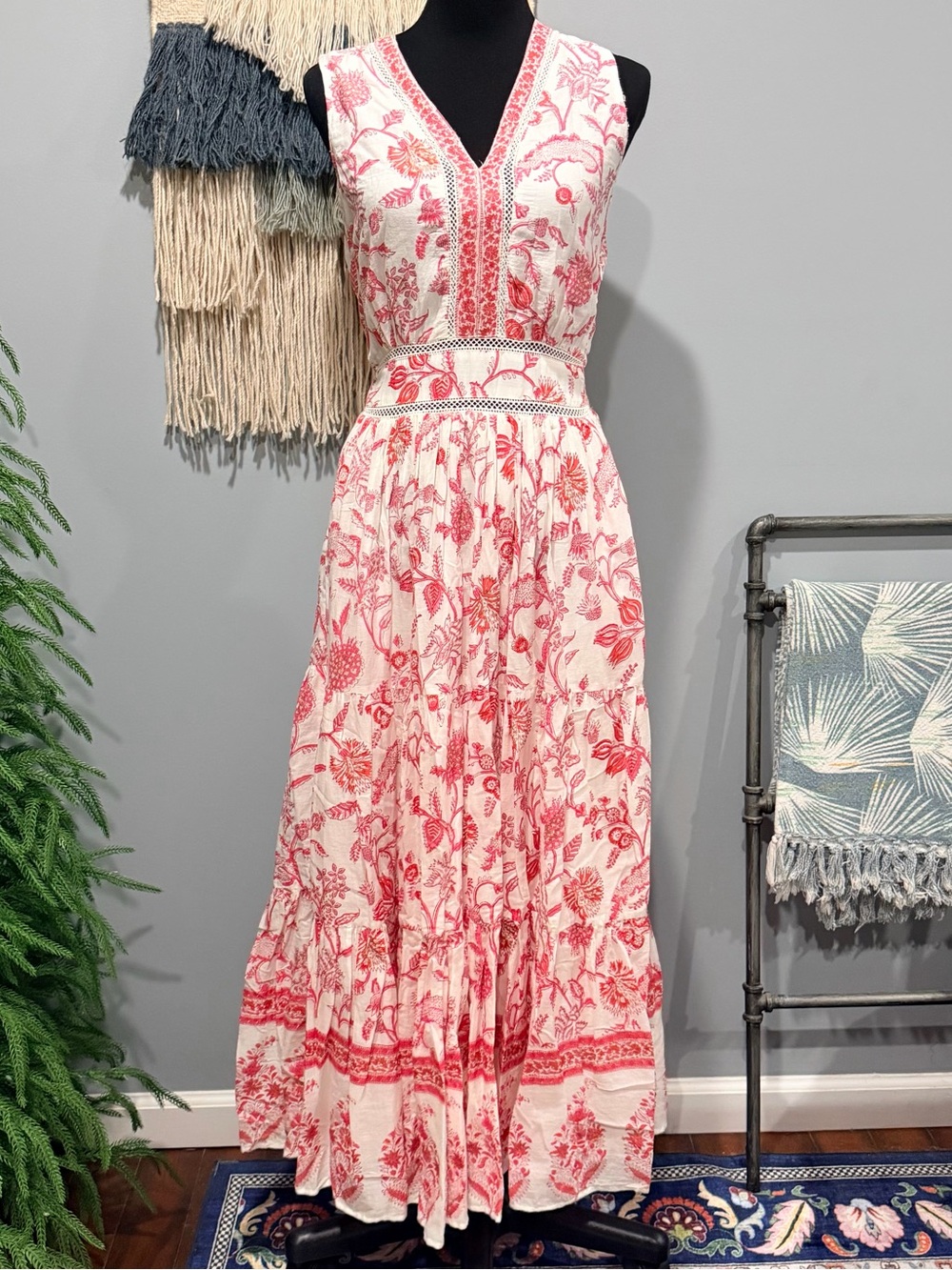 NIBI MTK Floral 100% Cotton Maxi Dress Small Sleeveless V-Neck Boho Cottagecore